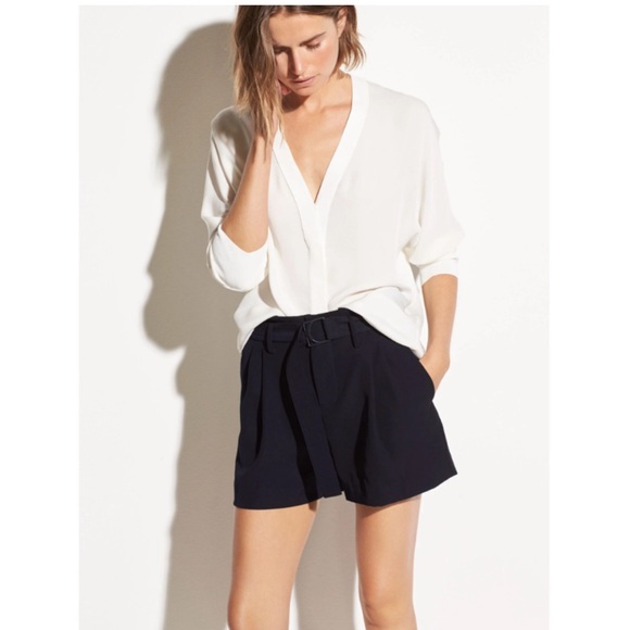 VINCE V-Neck Rib Trim Silk Blouse in Off White - Picture 1 of 13